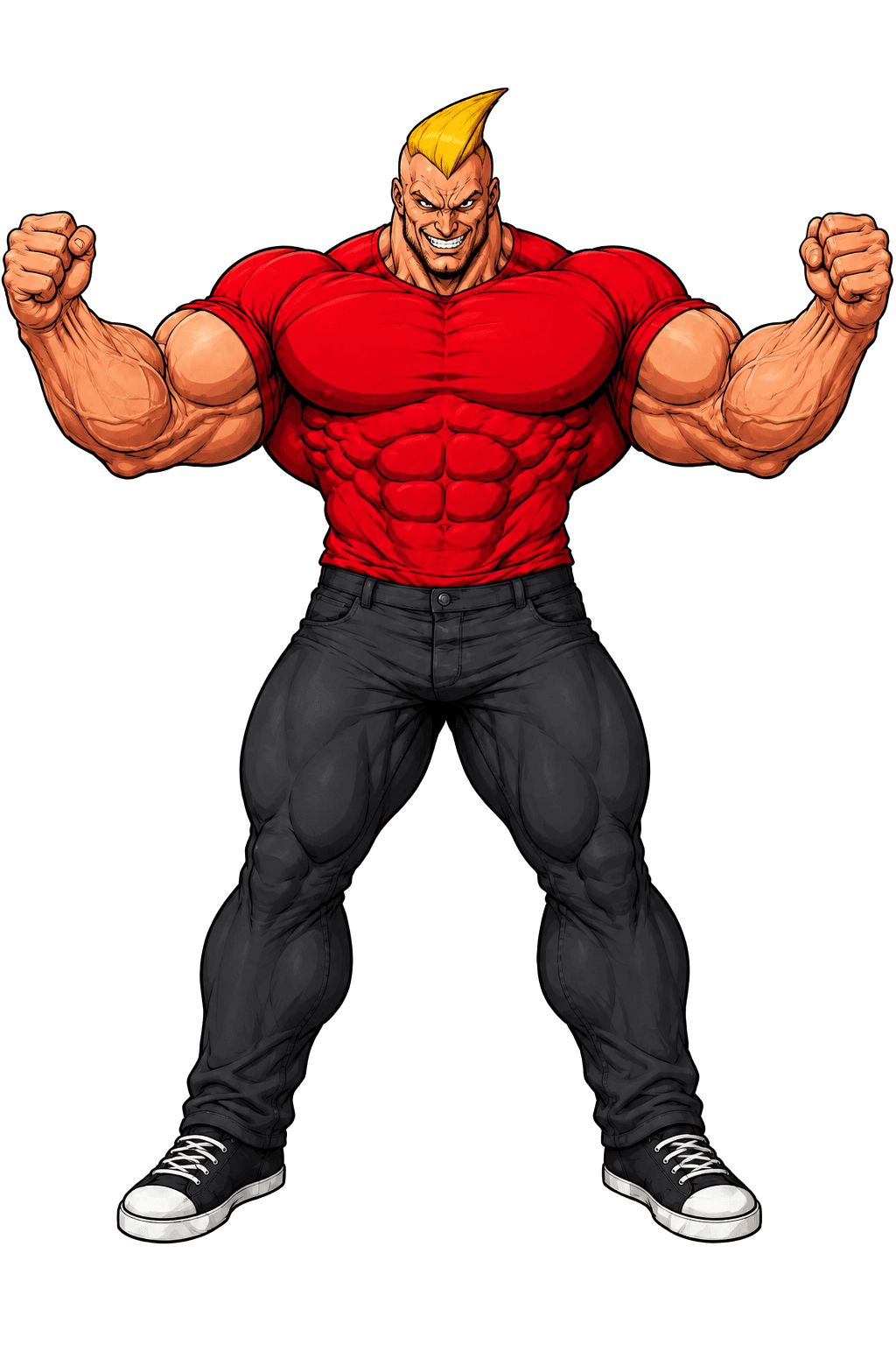 ROT-1 flexing with a powerful evil expression and arms raised wide